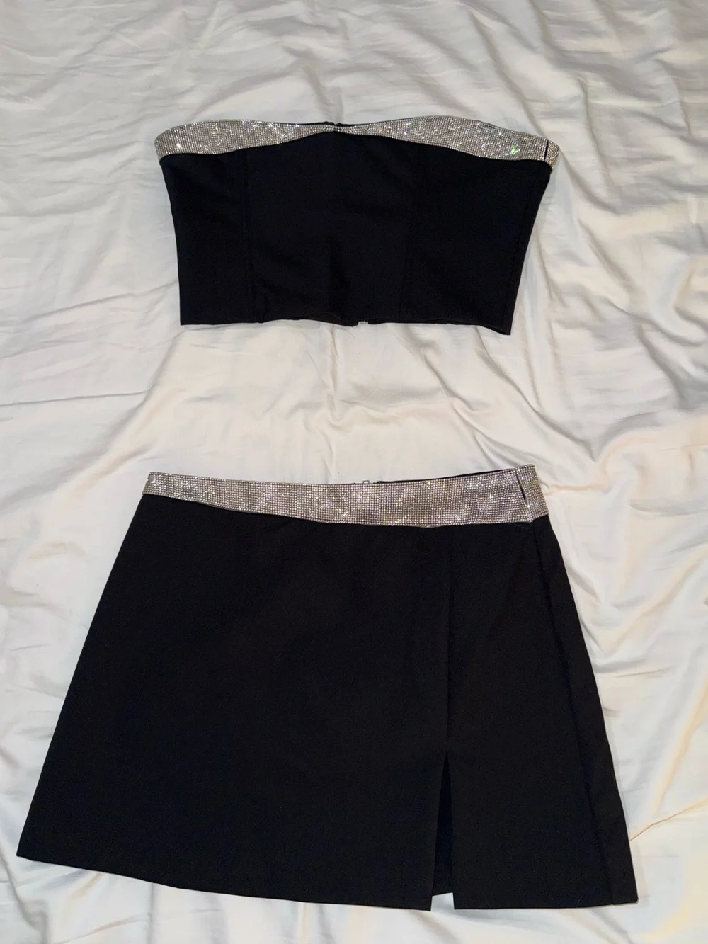 White Fox Two-Piece Black Strapless Set with Silver Rhinestone Trim